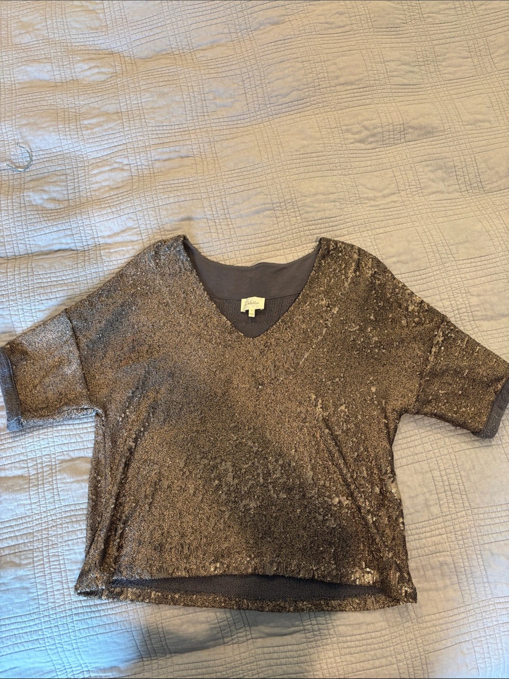 Deletta Metallic Bronze Short Sleeve V-Neck Top